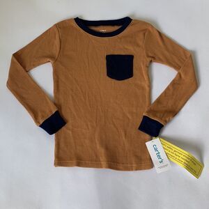 NWT Carters Shirt Youth Kids 6 Tan Brown Blue Waffle Knit‎ Thermal Long Sleeve